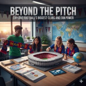 Students exploring global football clubs and fan culture using a stadium model, team scarves, and world maps.