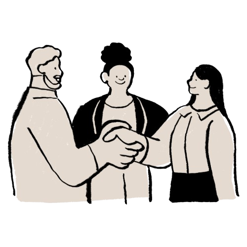 Illustration of three people shaking hands, representing teamwork, collaboration, and professional partnership.