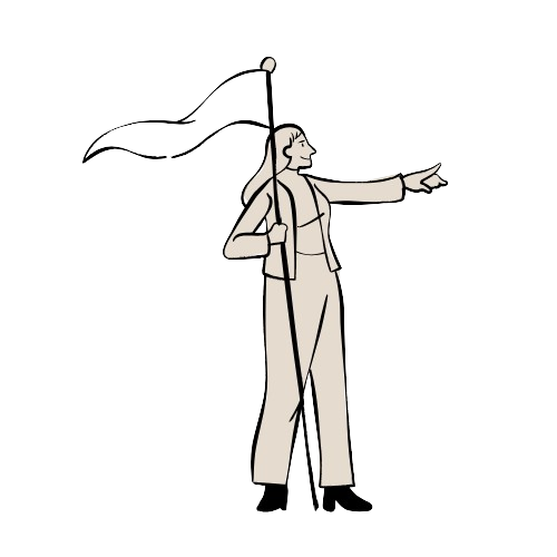 Illustration of a confident person holding a flag and pointing forward, symbolizing leadership, direction, and vision.