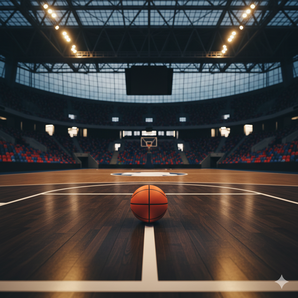 An attractive picture of a basketball in a stadium
