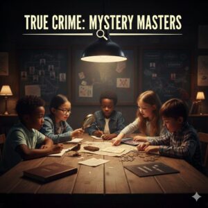 Students solving a mystery using clues, notebooks, and investigative tools at a shared table.