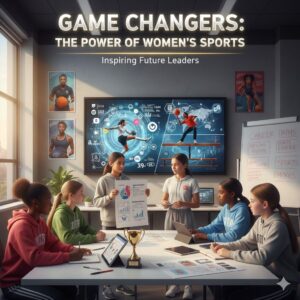 Students collaborating on a presentation about women’s sports leadership and career pathways.