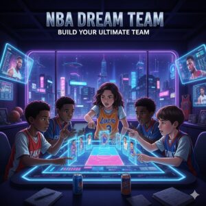 Students building a virtual NBA dream team using interactive player stats and digital court displays.