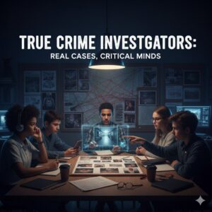 Students working together to analyze a true crime case using evidence boards and digital tools.