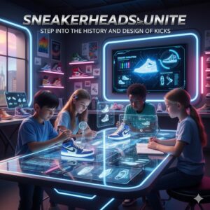 Students exploring sneaker design and history using interactive technology and prototype shoes.