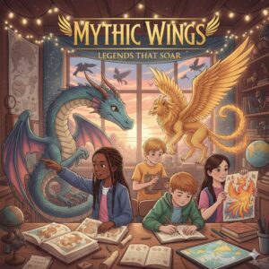 Students illustrating and studying mythical creatures like dragons and phoenixes in a creative classroom.