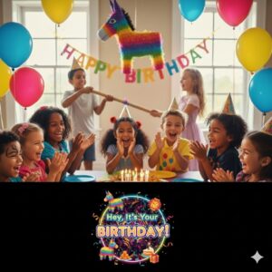 Children celebrating a birthday party with balloons, cake, and a colorful piñata.