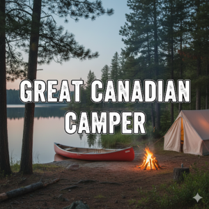 Camping scene with a tent, campfire, canoe, and lake surrounded by Canadian forest