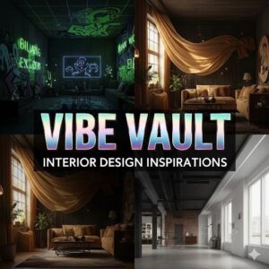 Split view of creative interior design styles showcasing mood, lighting, and modern living spaces.