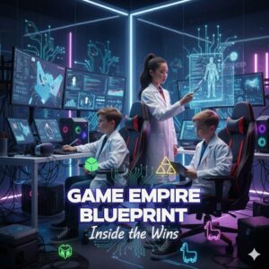 Students learning game development concepts using digital screens, coding tools, and virtual design elements.