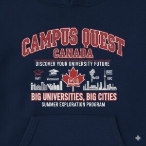 On a hoodie featuring Campus Quest Canada logo promoting university exploration programs