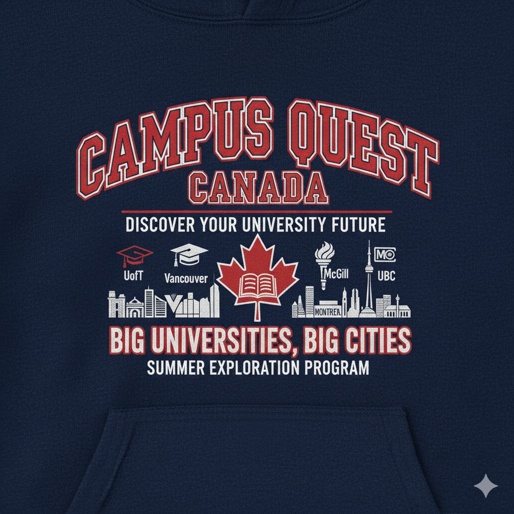 On a hoodie featuring Campus Quest Canada logo promoting university exploration programs