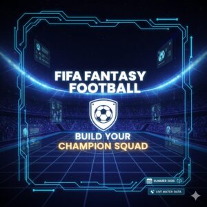 Futuristic FIFA Fantasy Football graphic showing a virtual stadium and text Build Your Champion Squad.