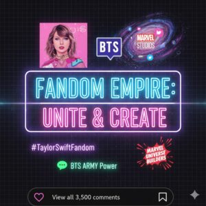 Fandom culture themed graphic with social media icons