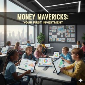 Students learning basic investing concepts using tablets with charts and graphs in a collaborative classroom setting.